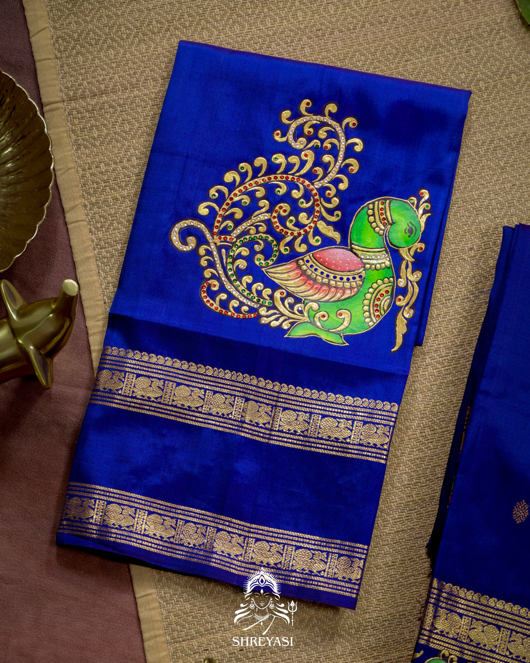 Handloom Pure Kanjivaram Silk Saree in Real Zari with Tanjore Mayil and Kamalam Artwork