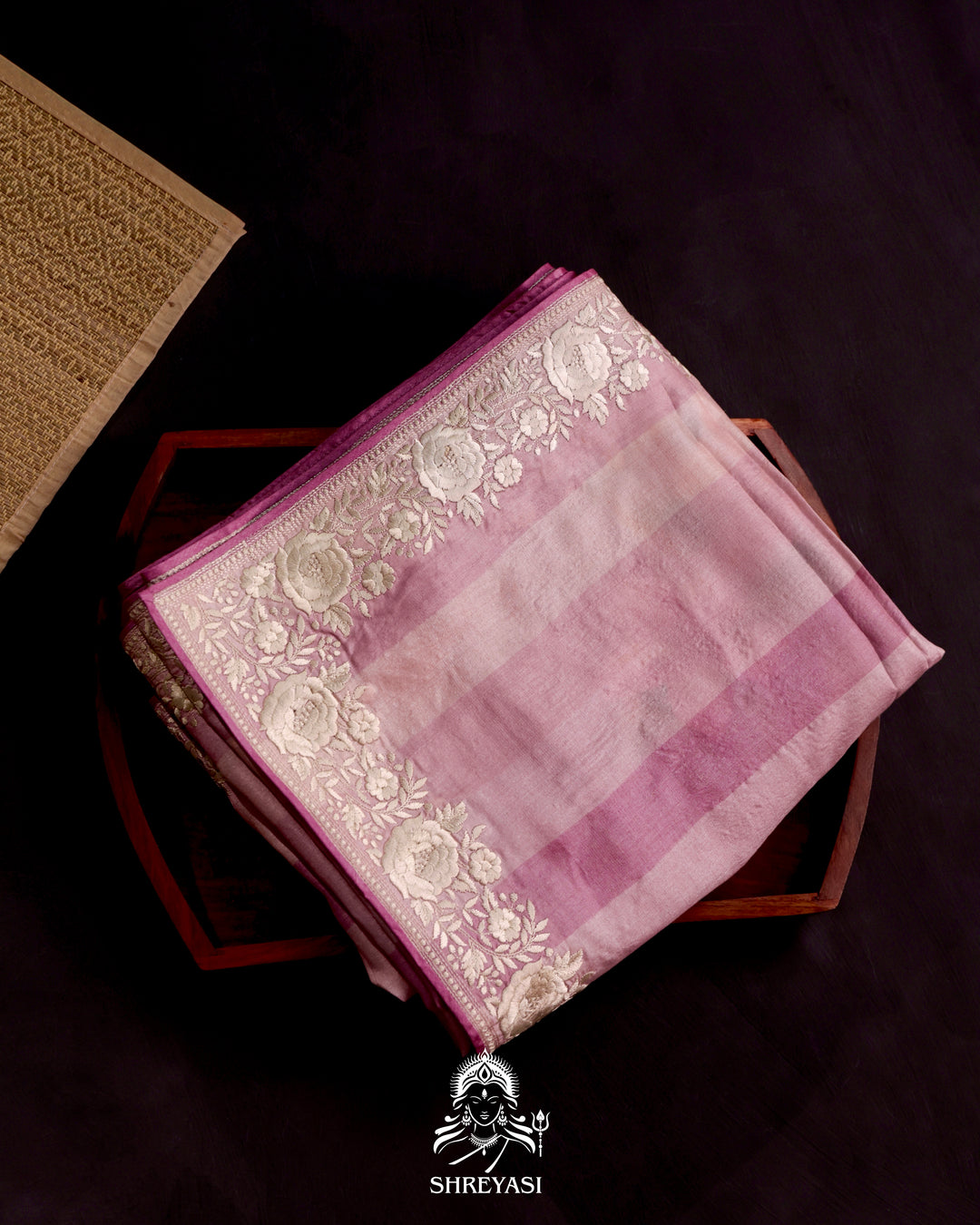 Tussar Silk Saree with Parsi Gara Embroidered Borders and Floral Parsi Gara Blouse