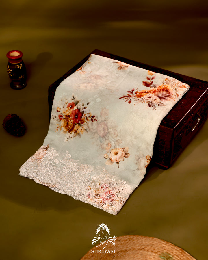 Floral Chiffon Georgette Saree with Scalloped Thread Embroidery