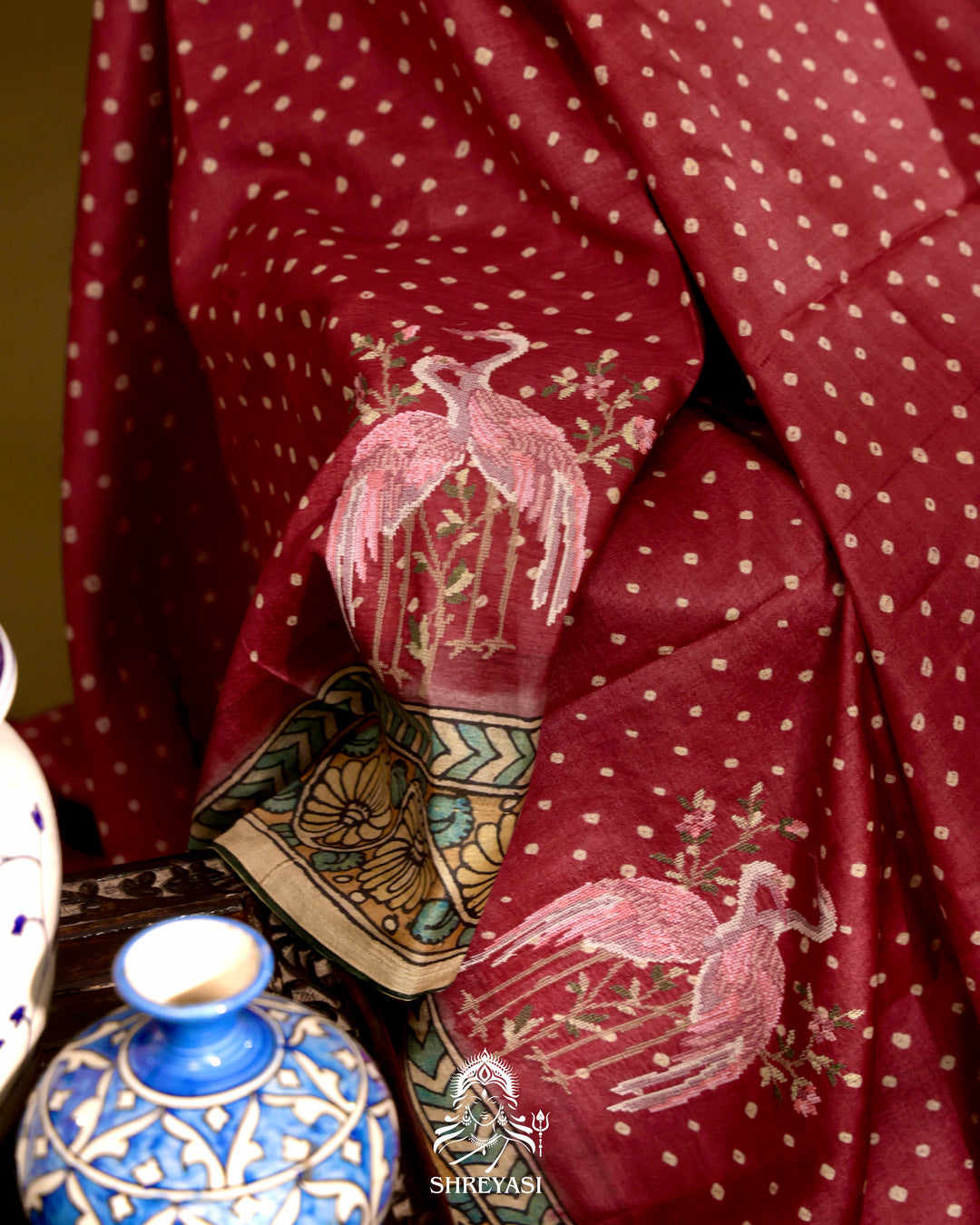 Tussar Silk Bandhej Saree with Pen Kalamkari and Petit Point Embroidery