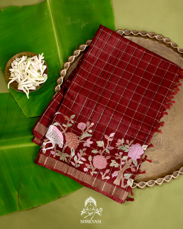 Pure Linen Tussar Silk Saree with Resham Embroidered Borders
