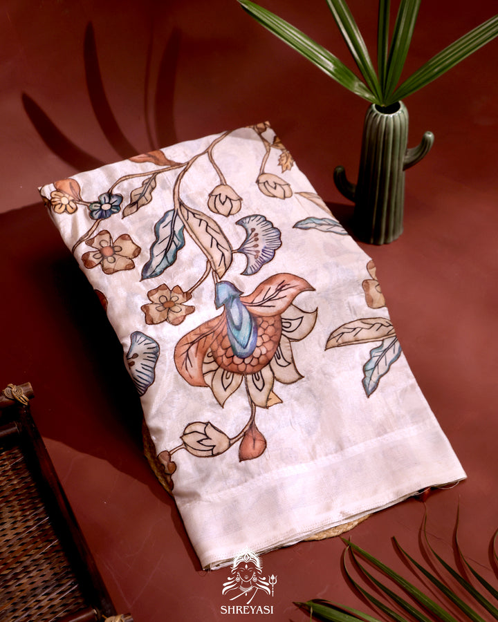 Kota saree with floral kalamkari appliqué work, contrast border, and lightweight breathable drape