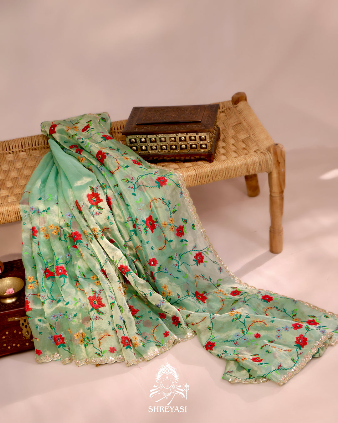 Organza Silk Saree with All-Over Petit Point Embroidery and Gotapatti Border