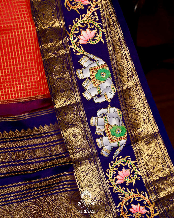 Handloom Pure Kanjivaram Silk Sarees with Real Zari and Hand Painted Tanjore Art