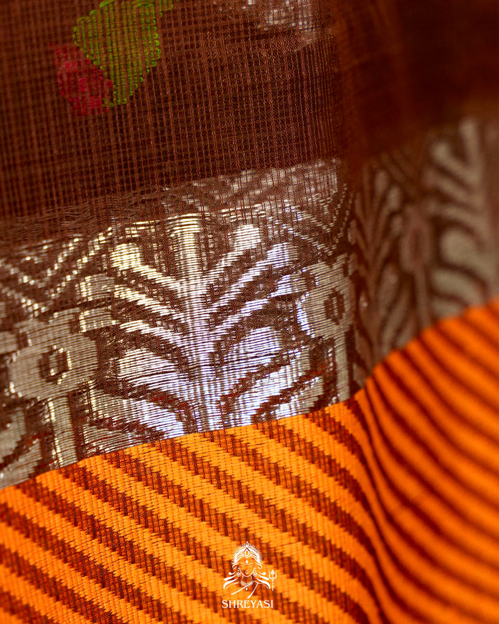 Chocolate Brown Handloom Pure Zari Kota Saree with Orange Contrast Blouse