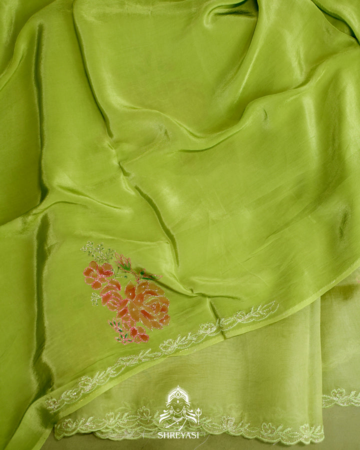 Hand Painted Floral Pure Organza Silk Saree with Pita Embroidery