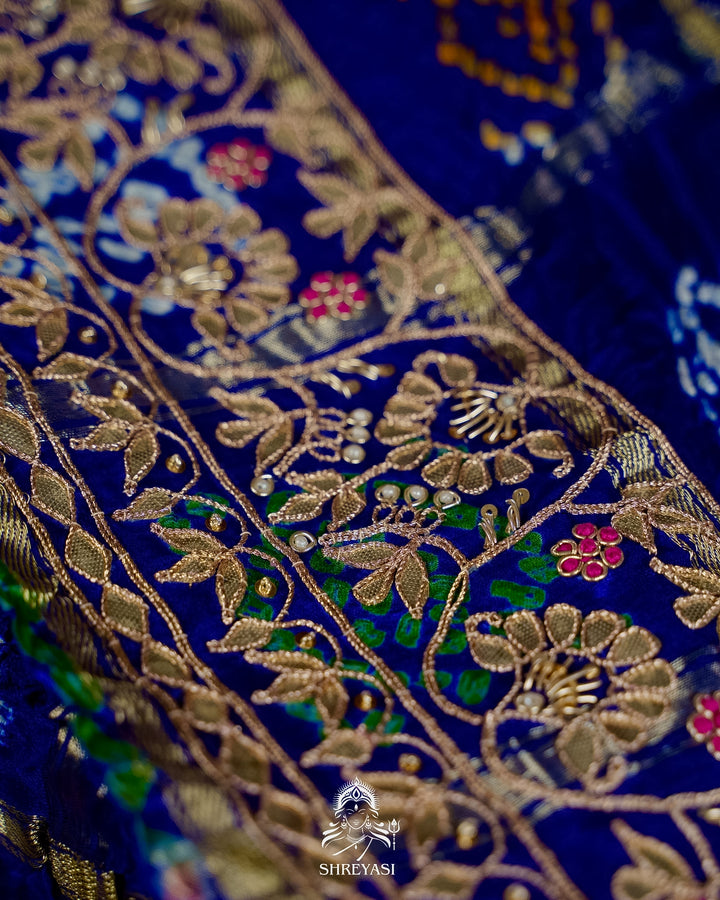 Handloom Pure Gaji Silk Gharchola Bandhej Saree with Multicolor Bandhani, Multicolor Pallu & Handcrafted Gota Patti Borders