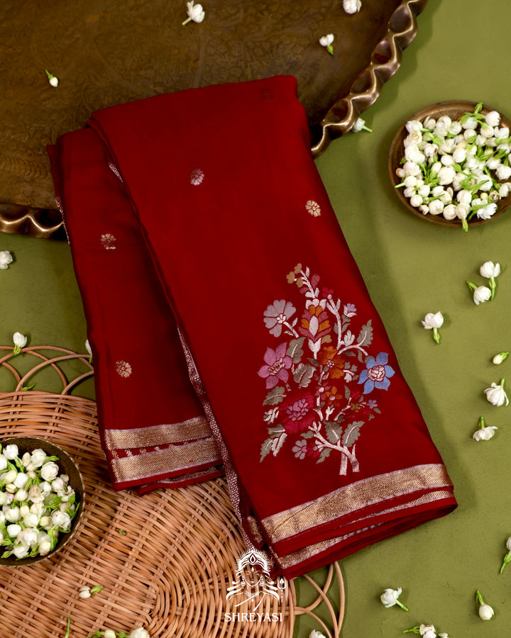 Handloom Pure Mashru Silk Saree with Sona Rupa Meenakari Bhutis and Nakshi Pallu