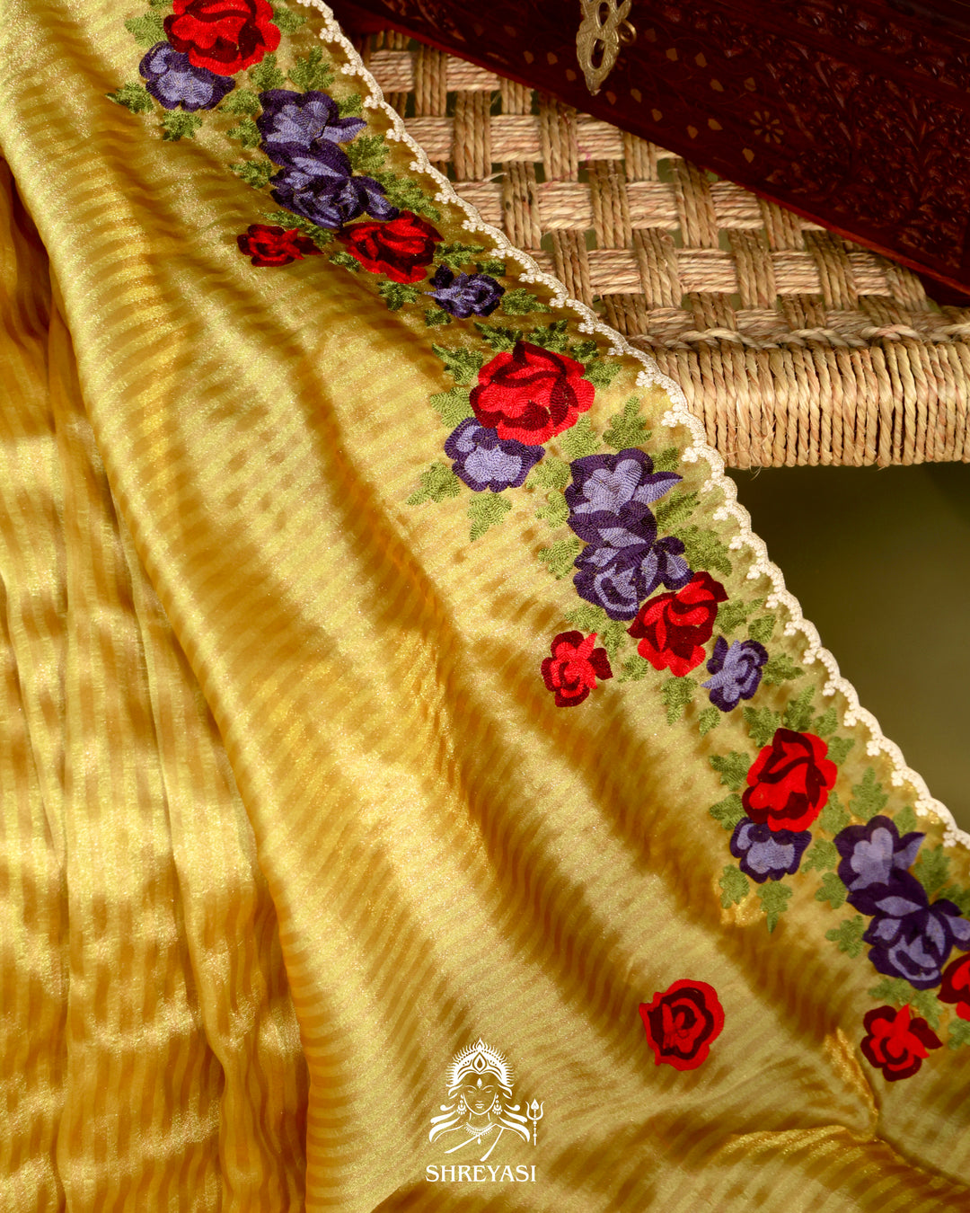 Chanderi Tissue Saree with Pita & Thread Floral Embroidery