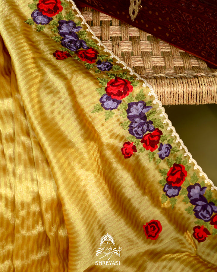 Chanderi Tissue Saree with Pita & Thread Floral Embroidery