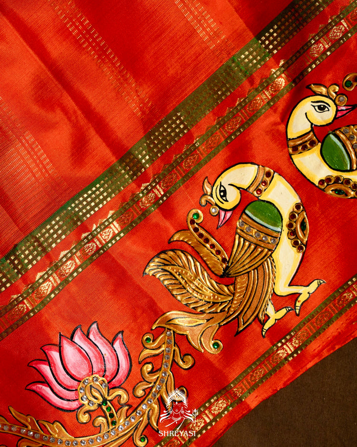 Traditional Tanjore Painting on Handloom Pure Kanjivaram Silk Sarees with Real Zari