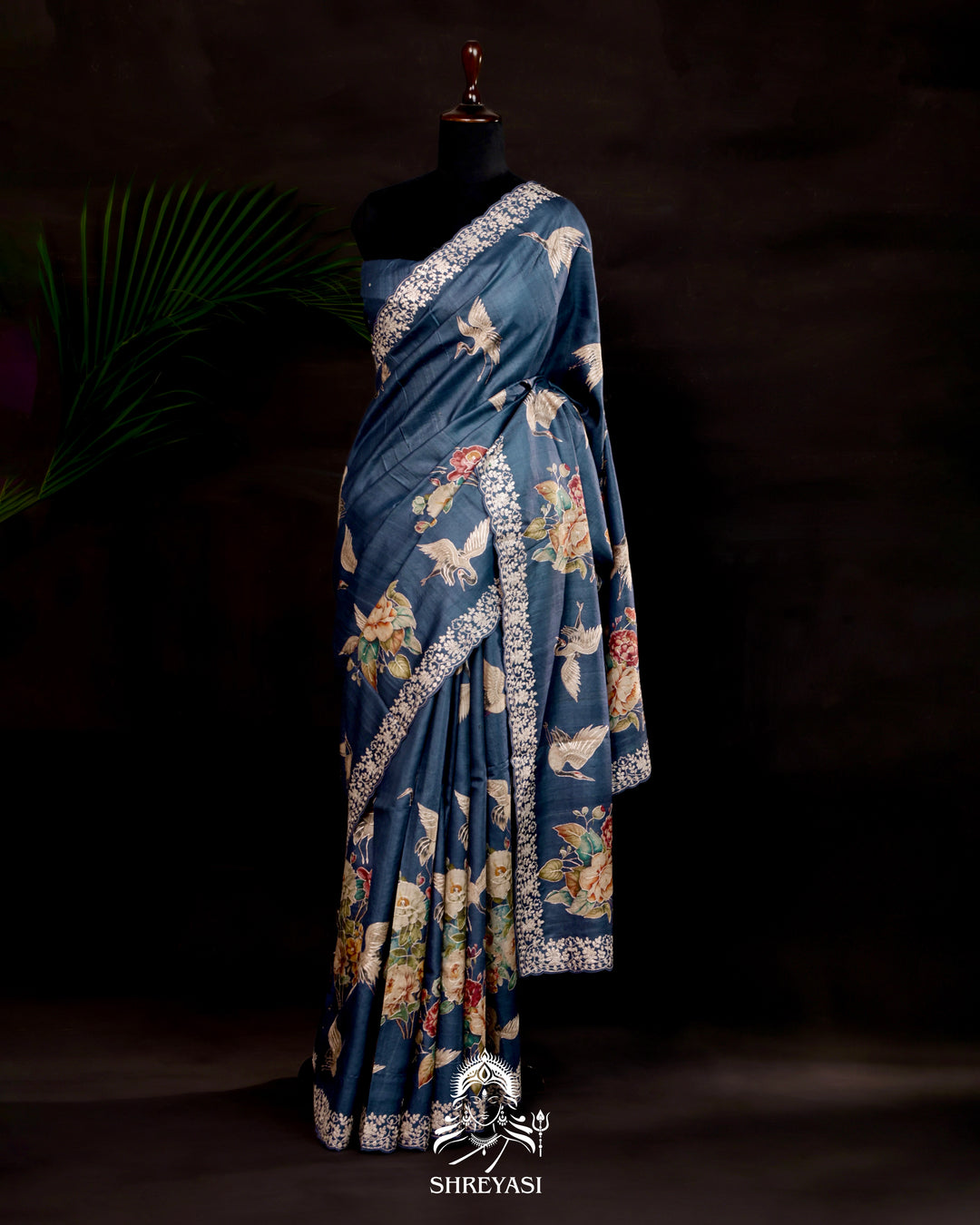 Handloom pure tussar silk saree in deep sapphire with digital floral prints and pita embroidery