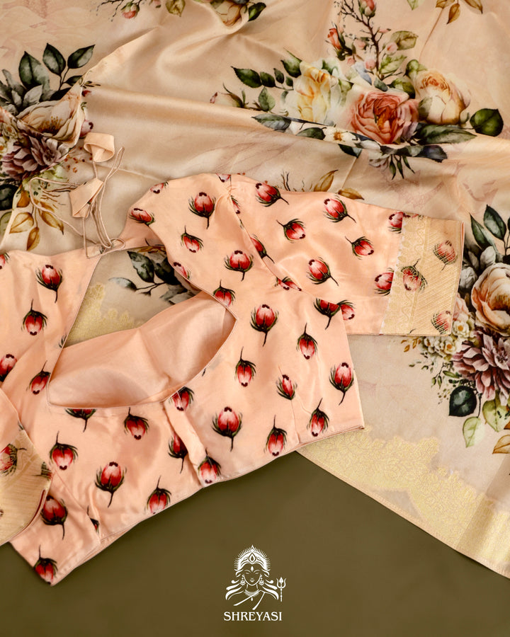 Banarasi Chiniya Silk Saree with Floral Body and Scalloped Zari Border