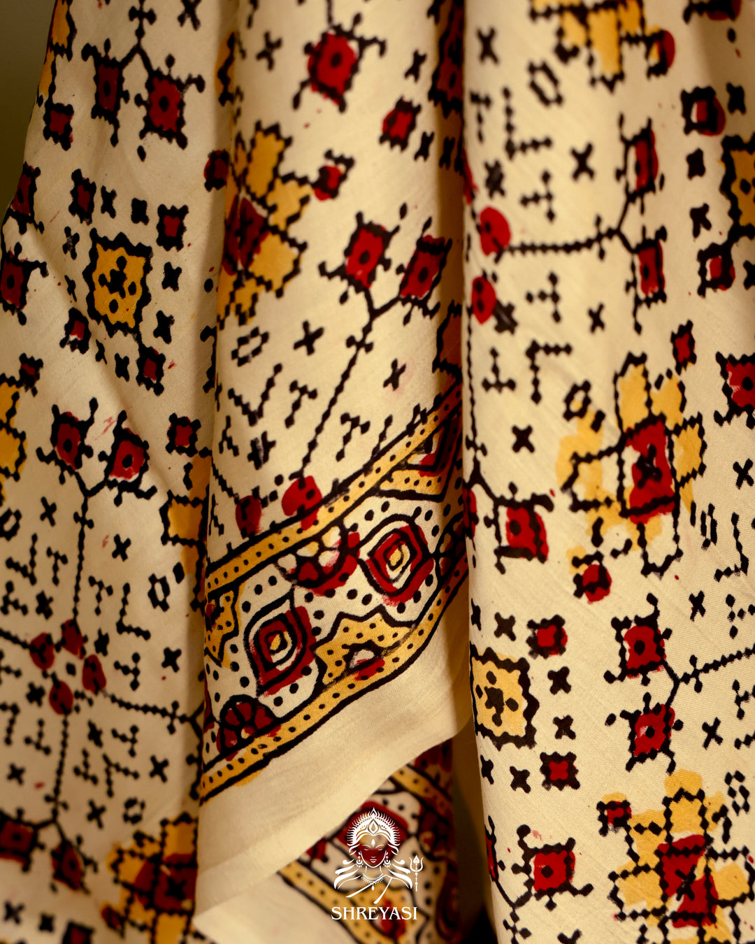 Pure Modal Gaji Silk Lagdi Patta Ivory Red Ajrakh Saree in Natural Dyes