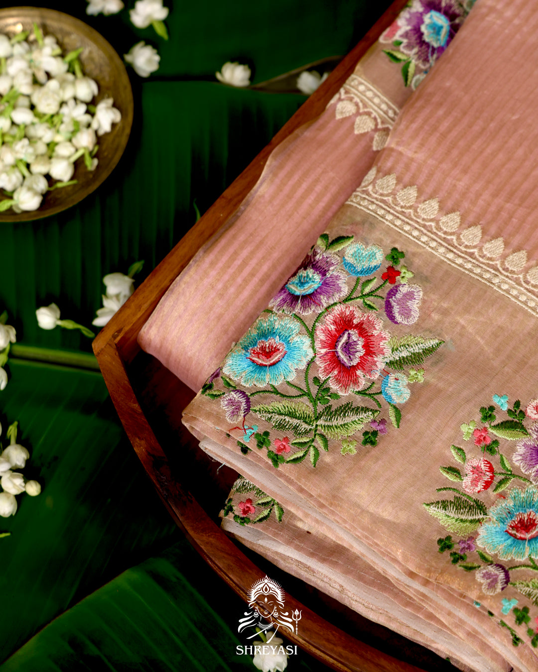 Handloom Banarasi Tissue Stripe Silk Saree with Satin Stitch Floral Embroidered Borders
