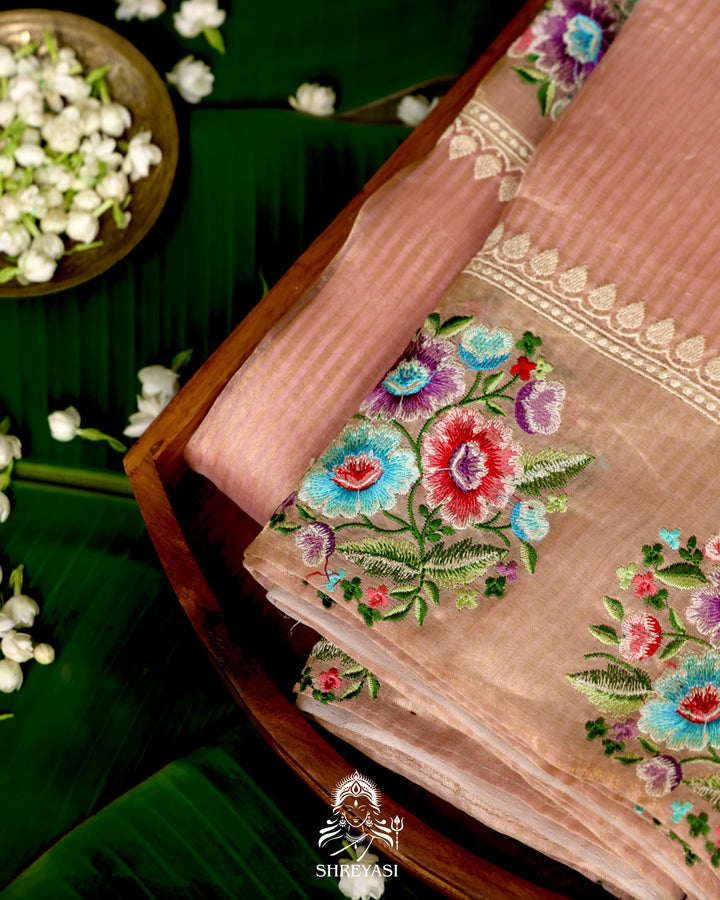 Handloom Banarasi Tissue Stripe Silk Saree with Satin Stitch Floral Embroidered Borders