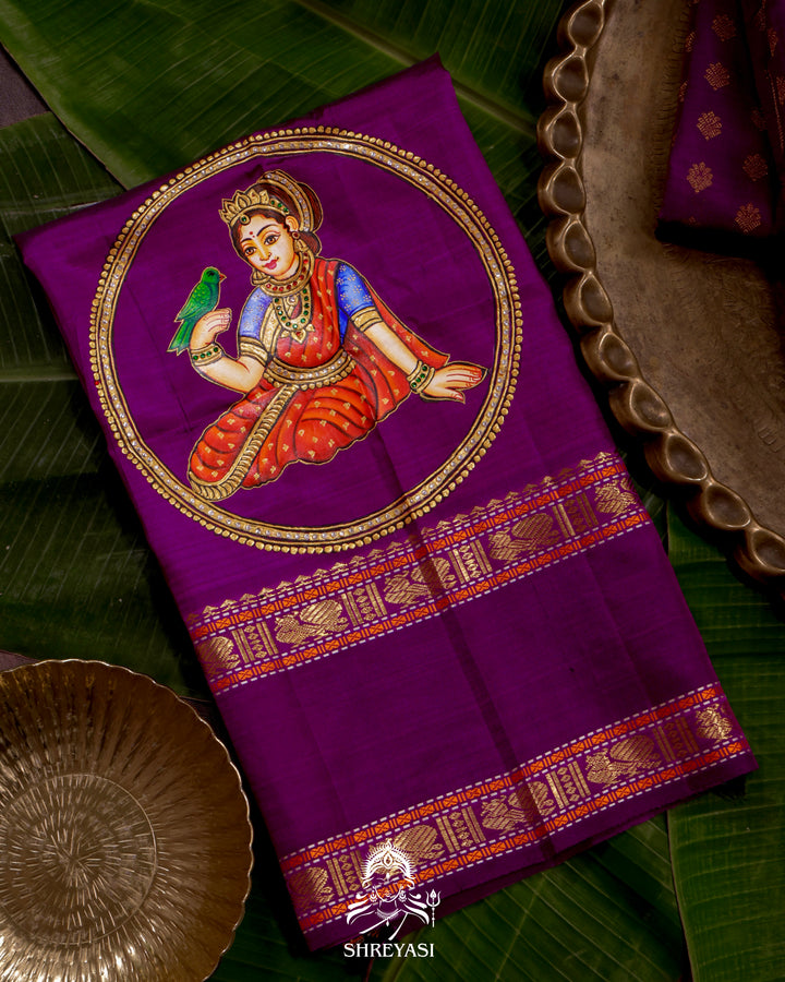 Handloom Pure Kanjivaram Silk Saree in Real Zari with Tanjore Madhura Meenakshi, Mayil and Kamalam Artwork