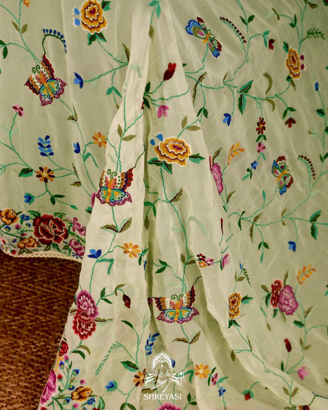 Pure Georgette Saree with Petit Point Embroidery and Lace Borders