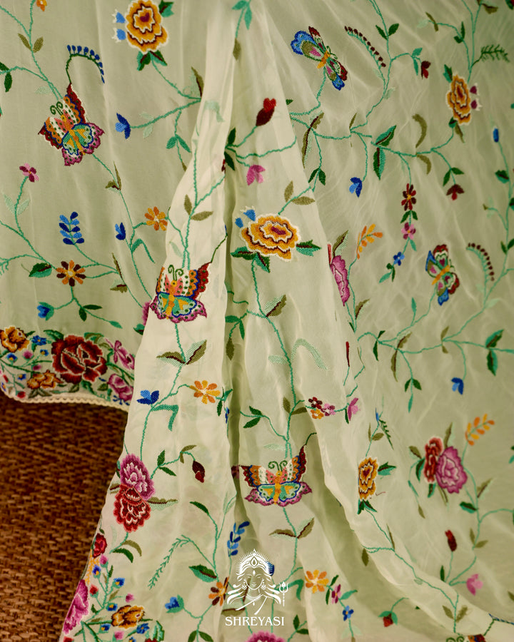 Pure Georgette Saree with Petit Point Embroidery and Lace Borders