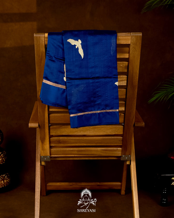 Handloom Pure Chanderi Pattu Silk Saree in Cobalt Blue with Bird Motifs