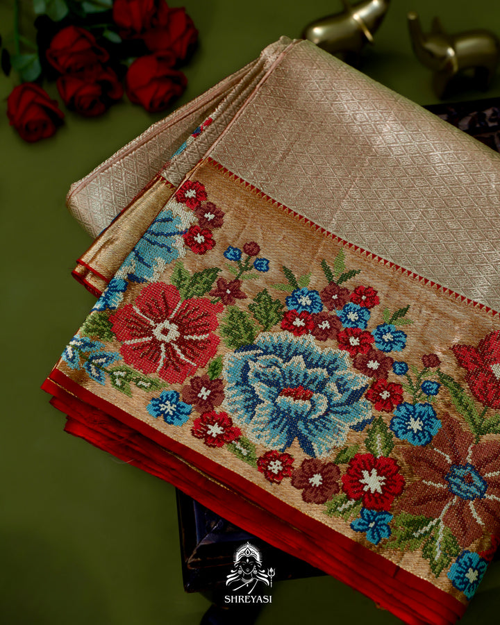 Handloom Pure Kanjivaram Tissue Silk Saree with Petit Point Embroidered Borders