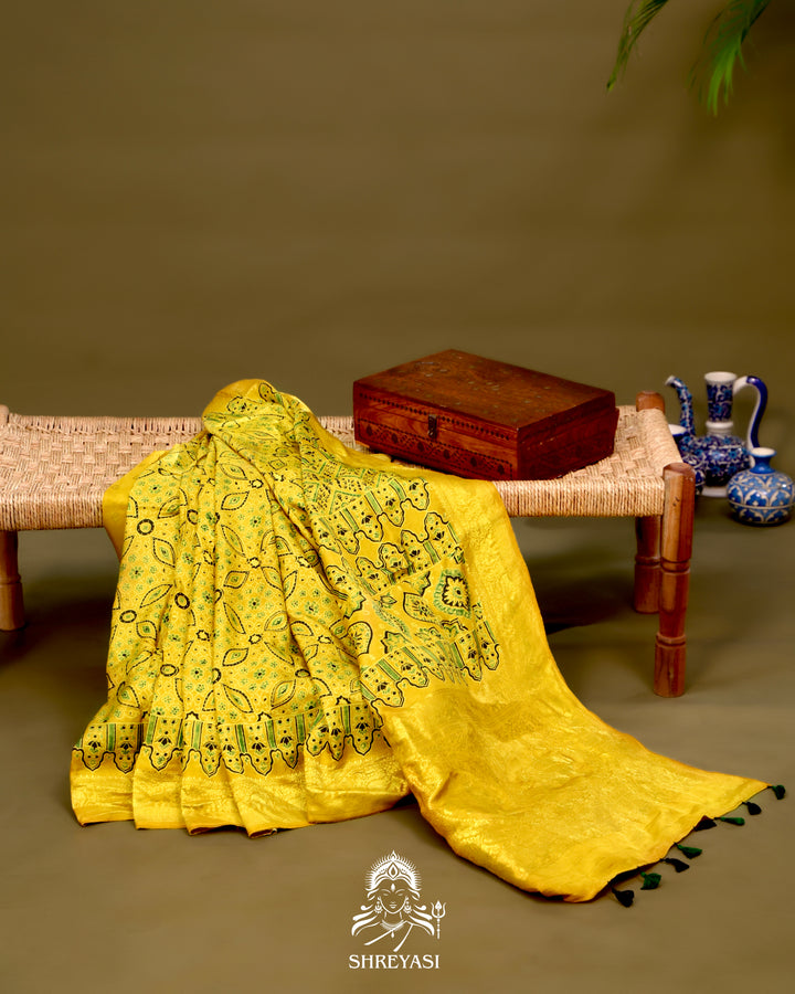 Hand Block Printed Ajrakh Dola Silk Saree with Zari Brocade Blouse