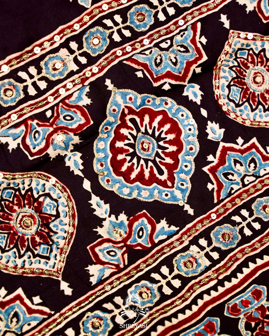 Handloom Pure Modal Silk Ajrakh Hand Block Printed Saree with Natural Dyes, All Over Aari Embroidery & Embroidered Borders
