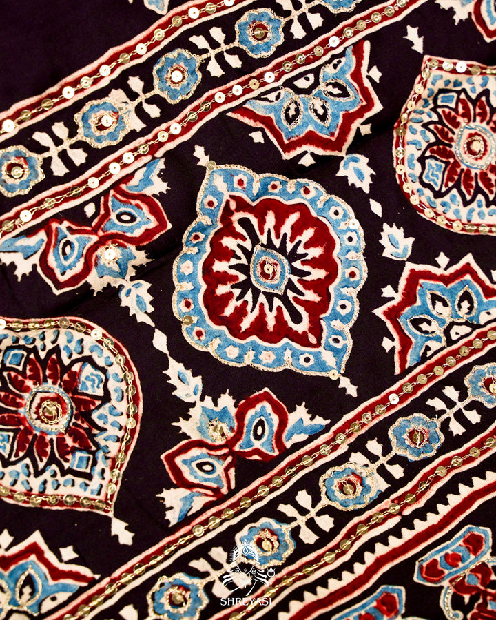 Handloom Pure Modal Silk Ajrakh Hand Block Printed Saree with Natural Dyes, All Over Aari Embroidery & Embroidered Borders