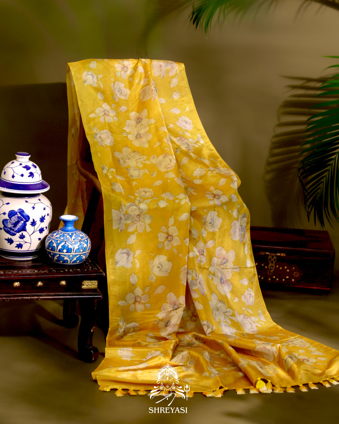 Yellow Floral Banarasi Ektara Tissue Silk Saree 