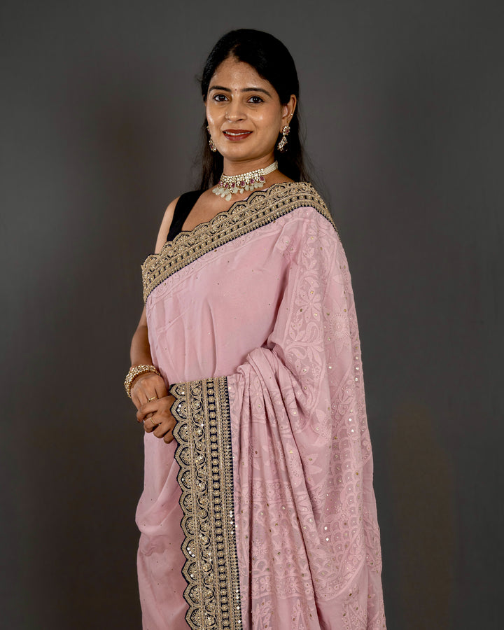 Hand Embroidered Chikankari Pure Georgette Saree with Scalloped Embroidered Borders and Contrast Banaras Blouse