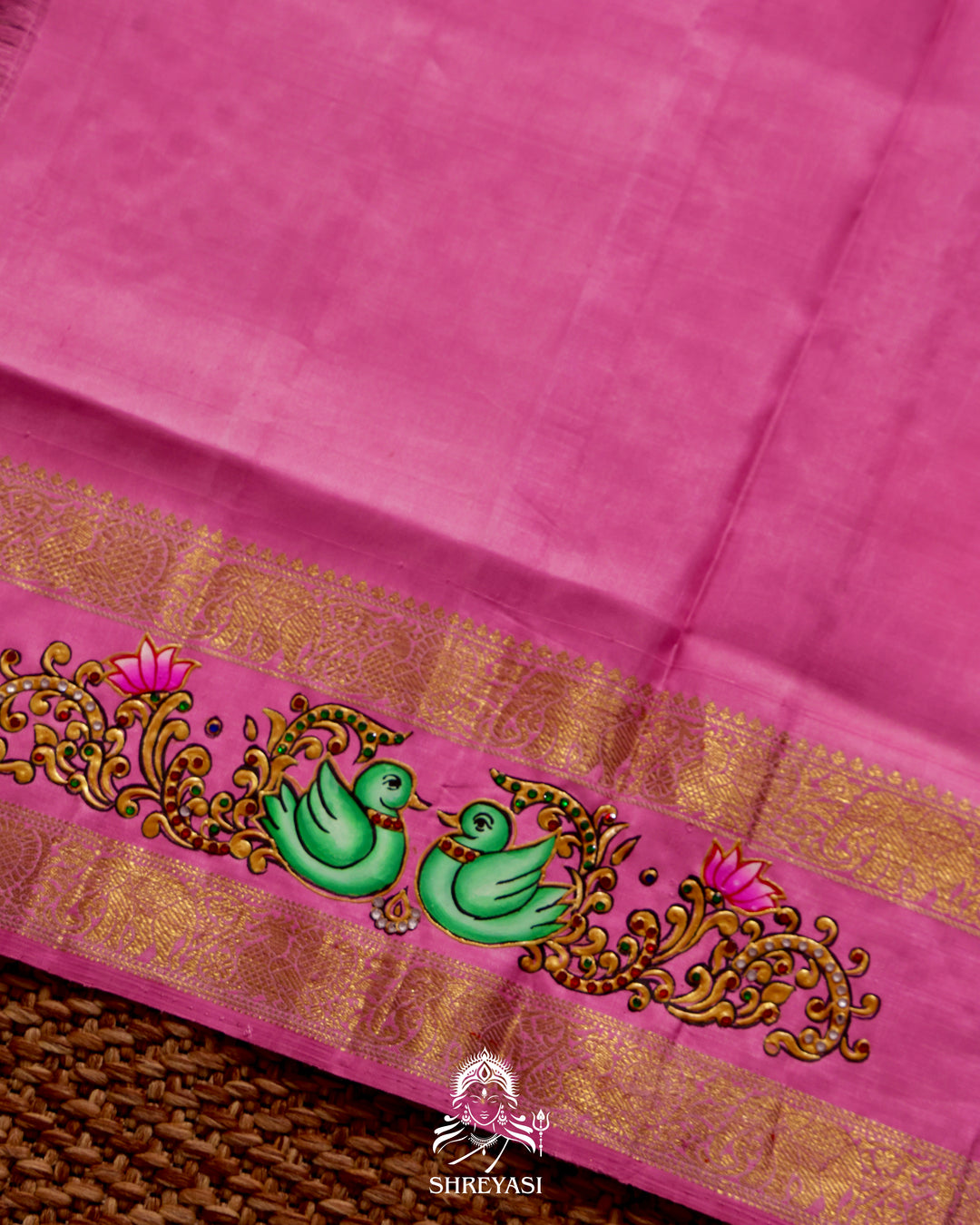 Handloom Pure Kanjivaram Silk Saree in Real Zari with Tanjore Annapakshi and Kamalam Artwork