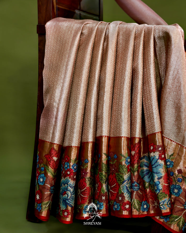 Handloom Pure Kanjivaram Tissue Silk Saree with Petit Point Embroidered Borders