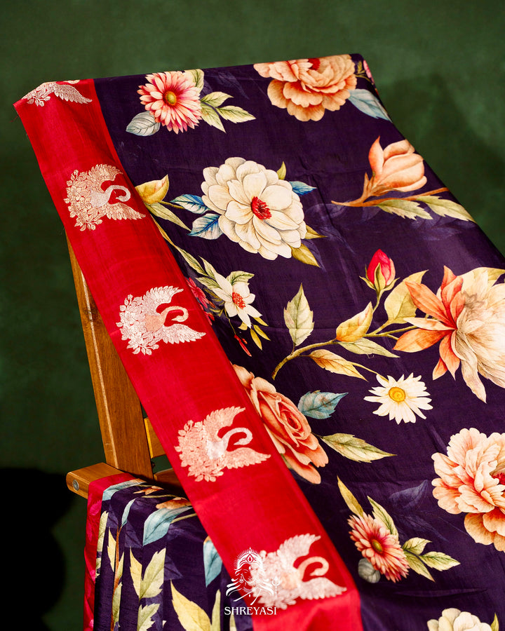 Handloom Pure Banarasi Silk Saree with Floral Print and Mashru Border