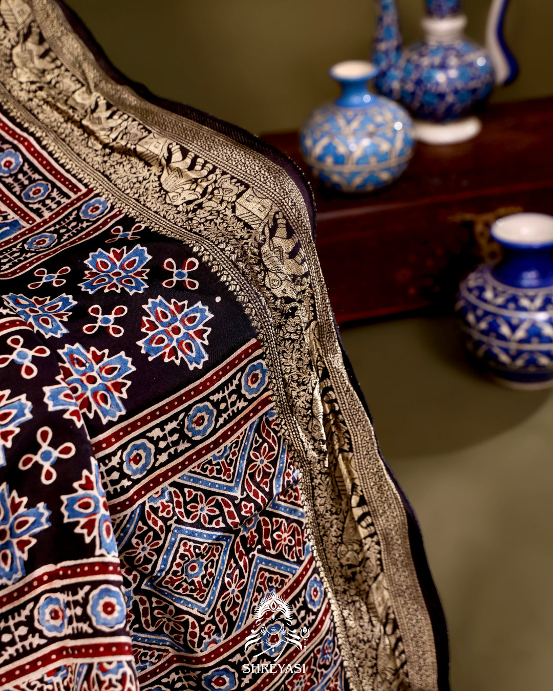 Hand Block Printed Ajrakh Dola Silk Saree with Zari Brocade Blouse