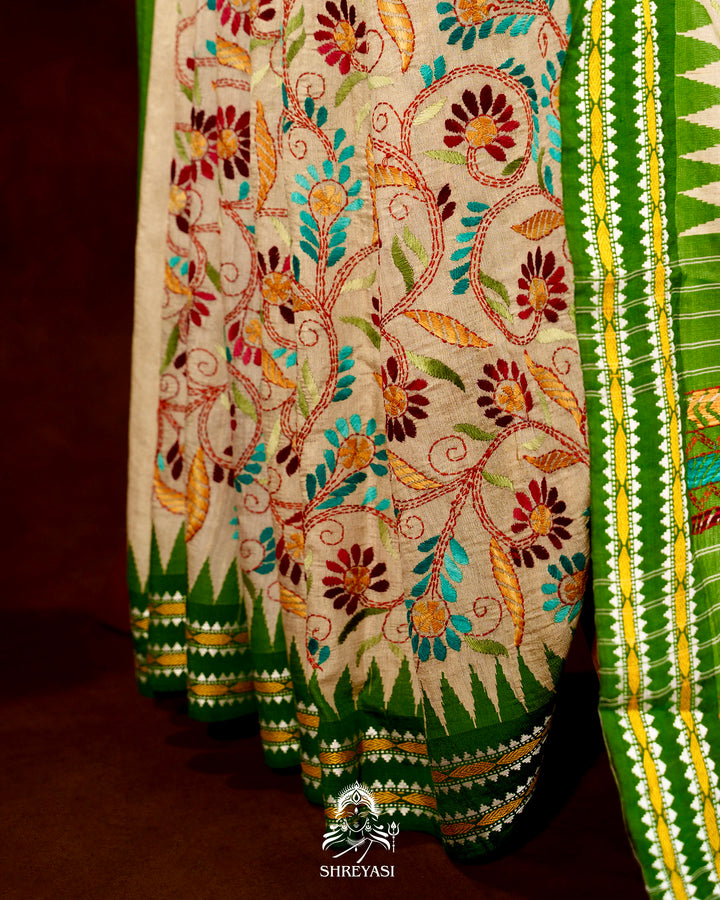 Handloom Pure Vidarbha Tussar Silk Saree with Karvati Kinar Border and Kantha Embroidery