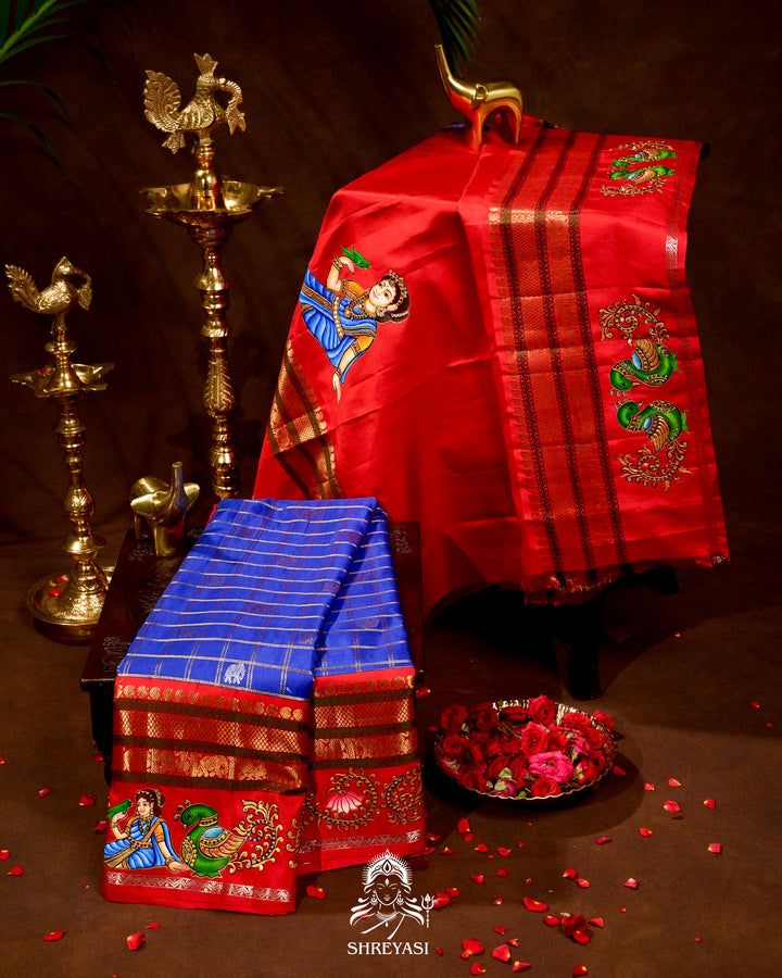 Handloom Pure Kanjivaram Silk Sarees with Real Zari and Hand Painted Tanjore Art