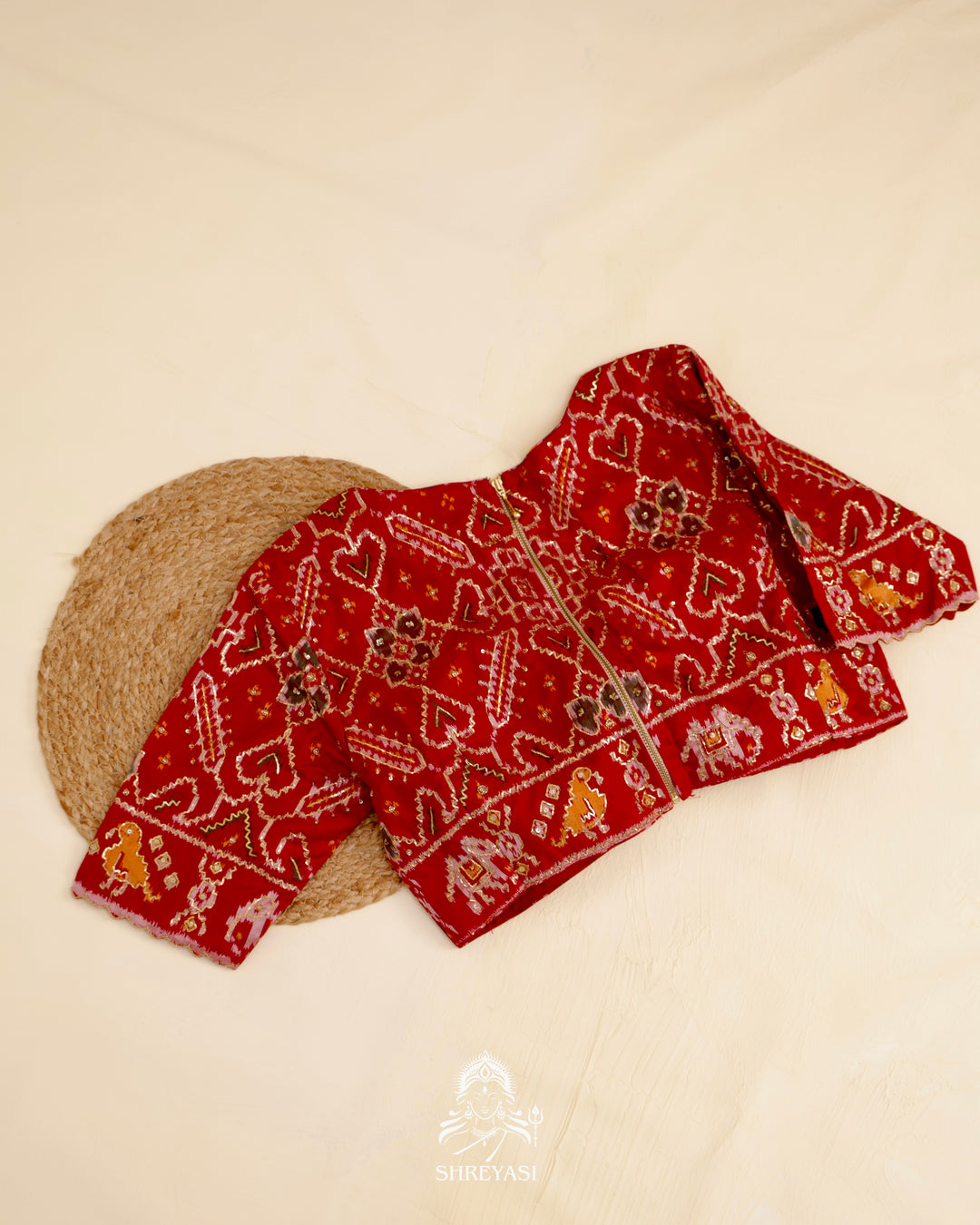 Rajkot Patola single ikat silk blouse with geometric motifs and pita embroidery