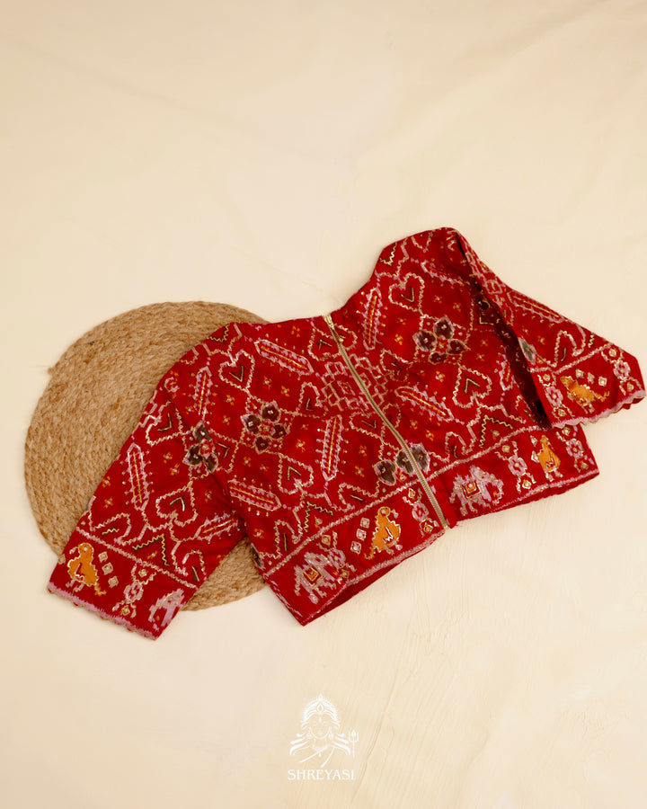 Rajkot Patola single ikat silk blouse with geometric motifs and pita embroidery