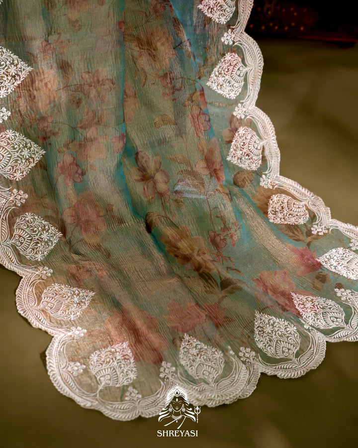 Handloom Pure Crushed Ektara Tissue Silk Saree with Floral Print and Scallop Embroidery