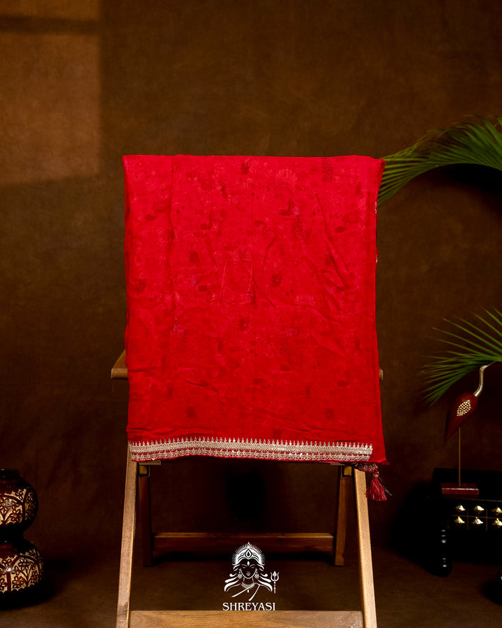 Mughal Garden Print Crepe Chinon Saree with Embroidered Border