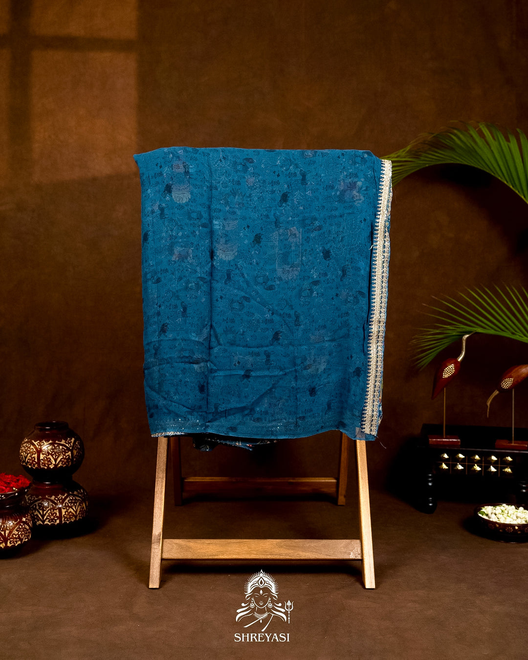 Mughal Garden Print Crepe Chinon Saree with Embroidered Border