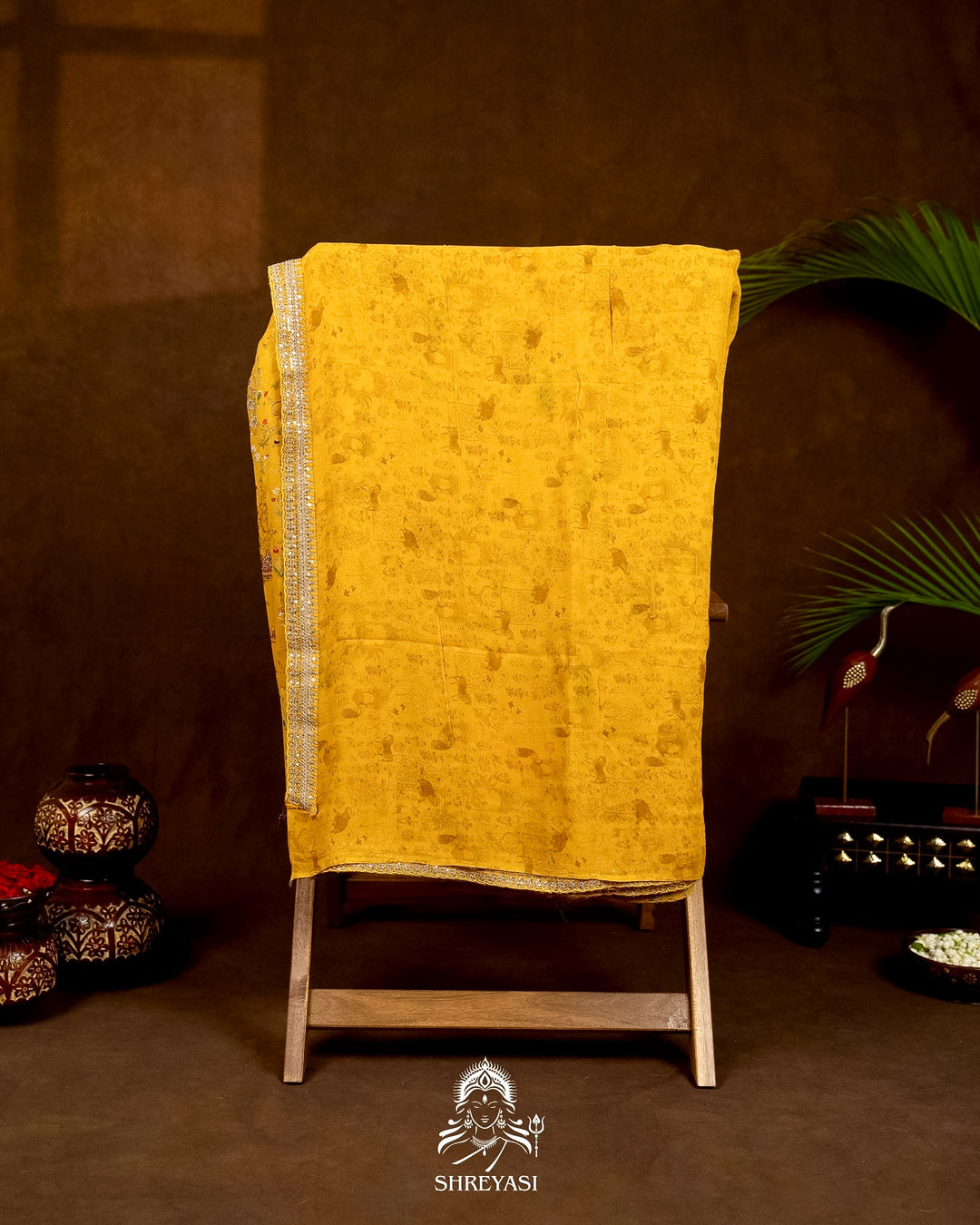 Mughal Garden Print Crepe Chinon Saree with Embroidered Border