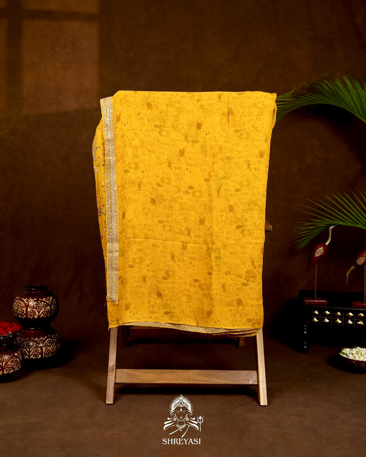 Mughal Garden Print Crepe Chinon Saree with Embroidered Border