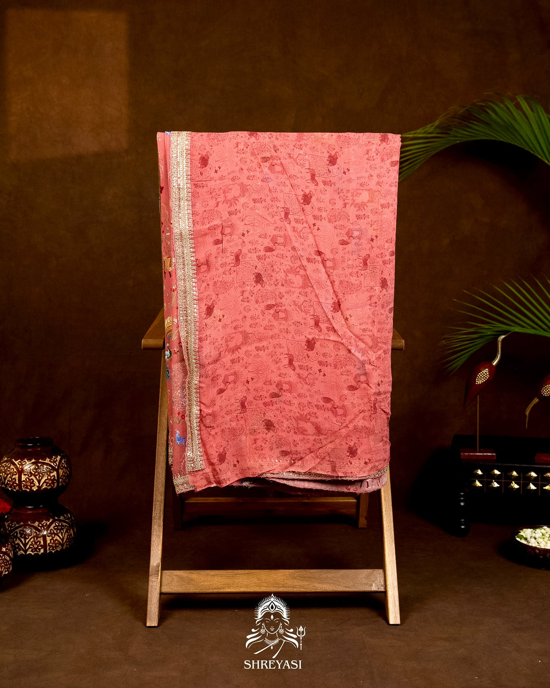 Mughal Garden Print Crepe Chinon Saree with Embroidered Border